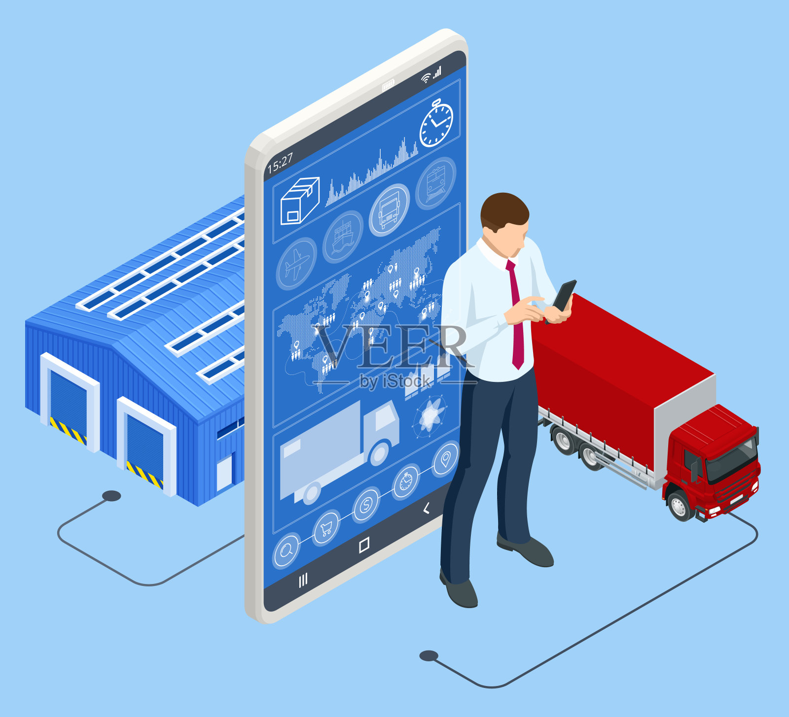 Isometric全球物流网络概念。交互式面板跟踪货物在线。海运，空运运输物流，仓储概念，进出口插画图片素材