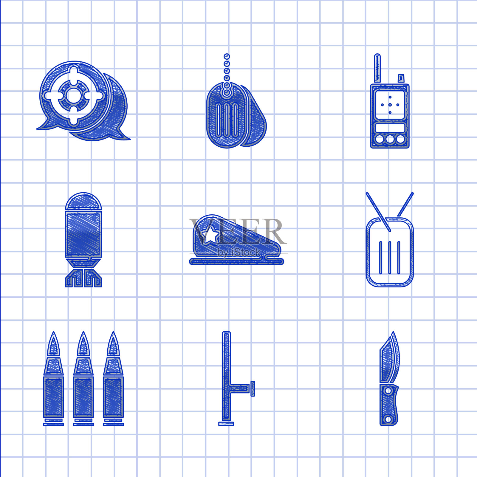 设置军用贝雷帽警察橡胶警棍刀图标素材