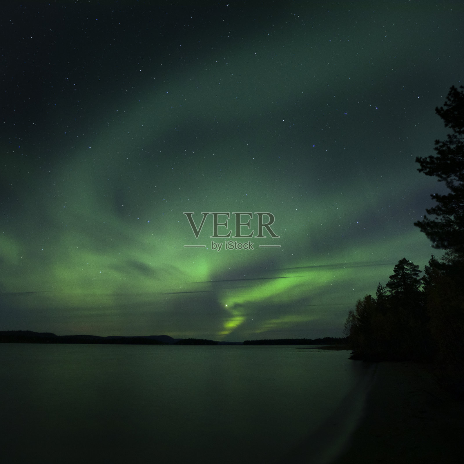 瑞典拉普兰湖岸夜空中的北极光照片摄影图片