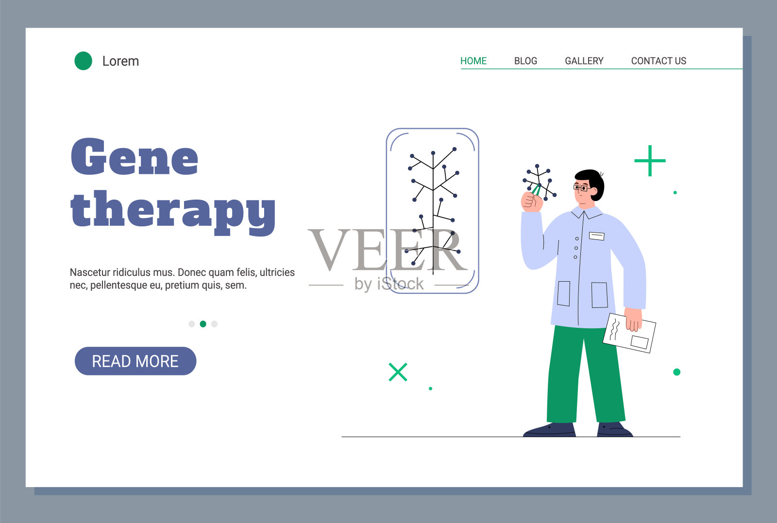 基因治疗生物技术网站与生物学家模型，载体插图。插画图片素材