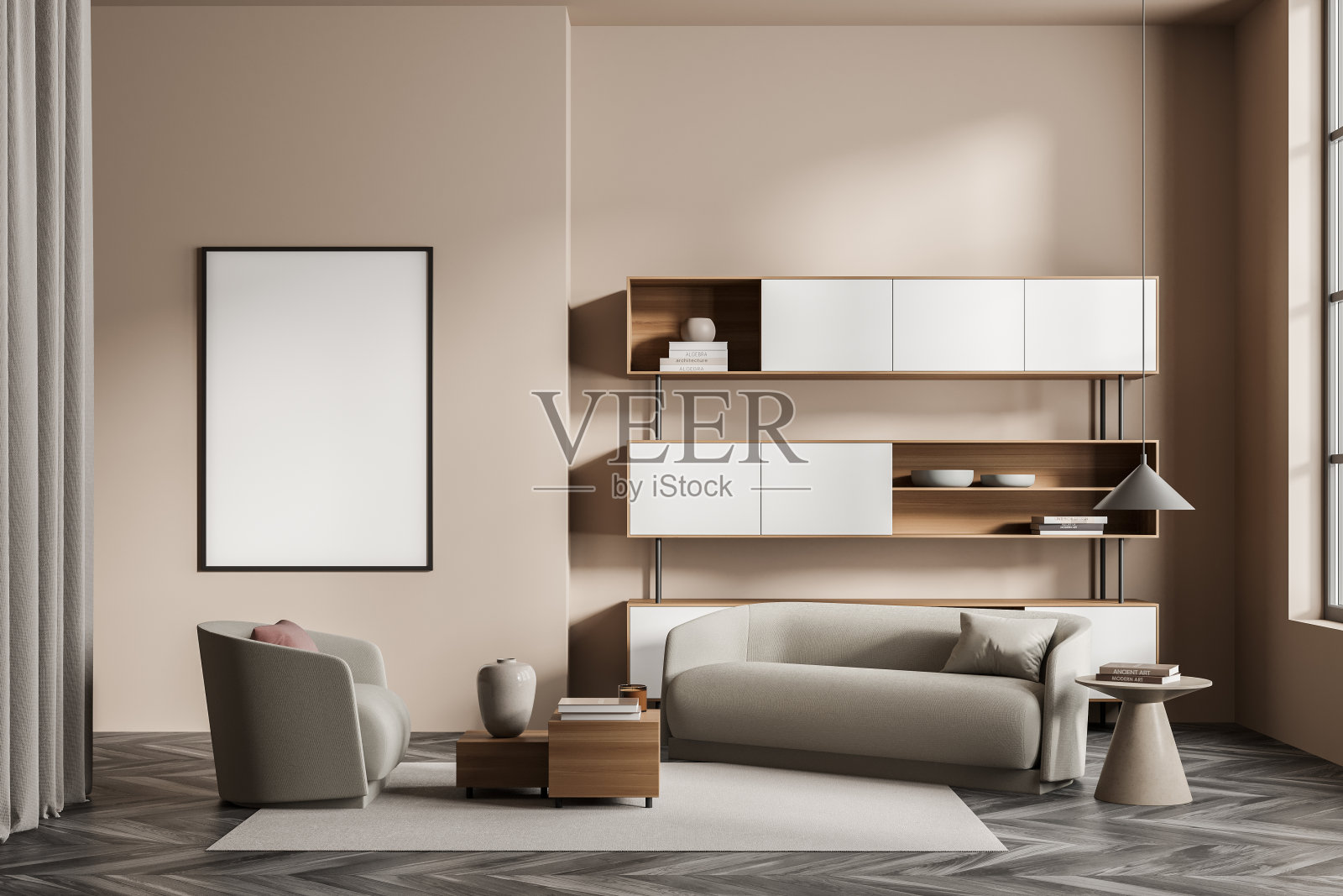 米色的客厅室内有沙发，扶手椅和架子，模型海报照片摄影图片