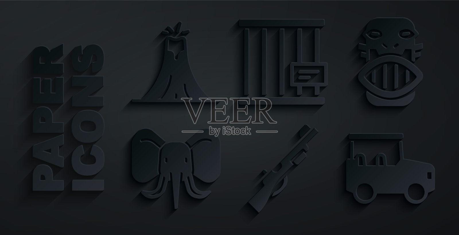 设置猎枪，墨西哥玛雅或阿兹特克面具，大象，狩猎车，动物笼子和火山喷发图标。向量插画图片素材