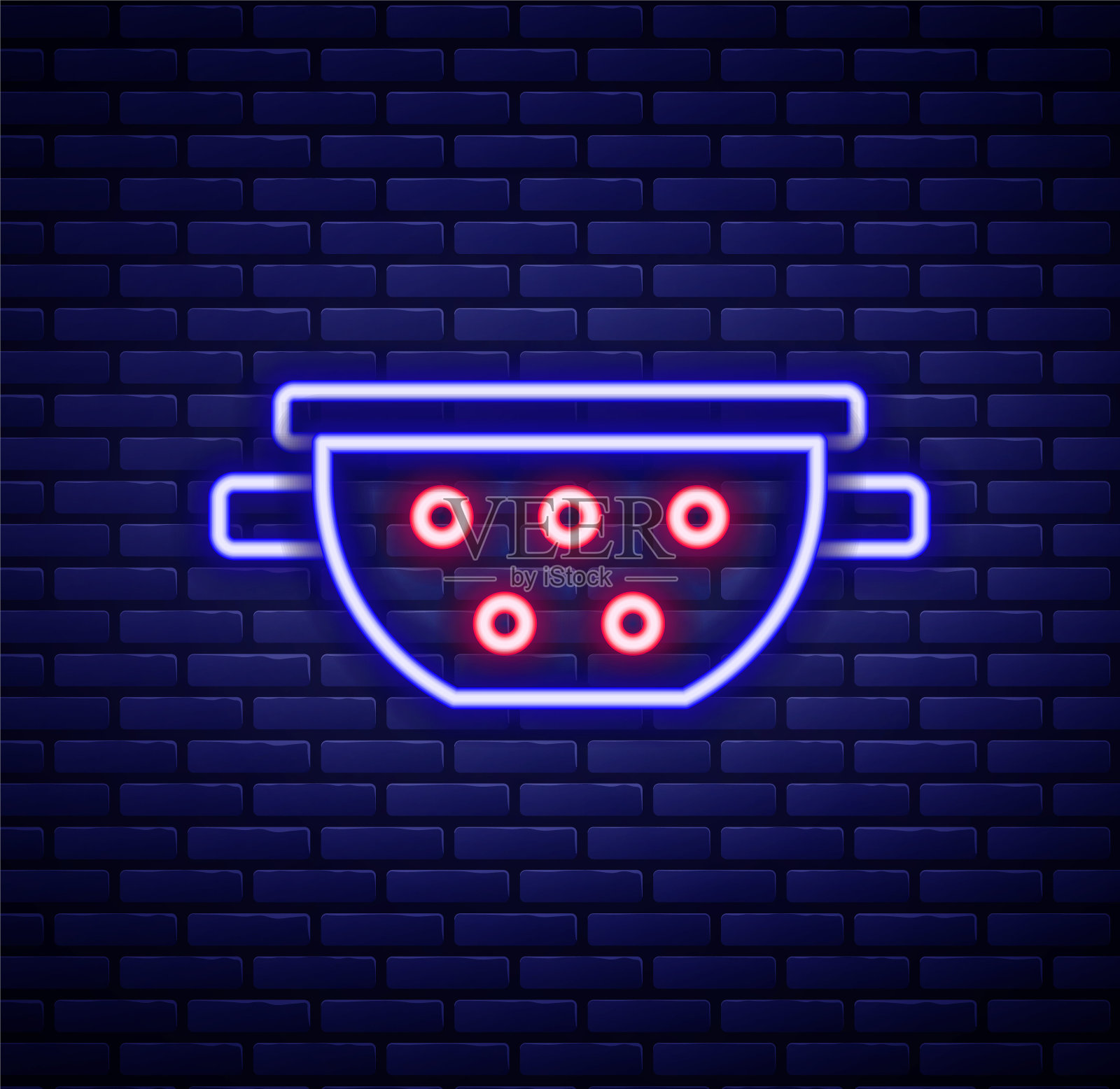 发光的霓虹灯线厨房漏壶图标孤立在砖墙背景。烹饪用具。餐具的迹象。色彩斑斓的轮廓的概念。向量插画图片素材