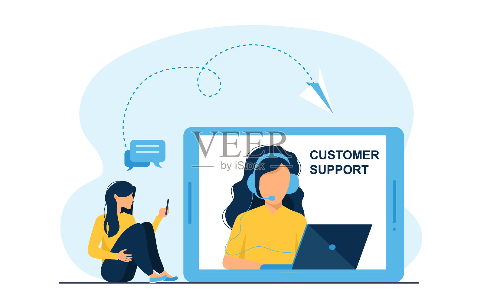 智能手机应用程序用户与支持中心操作员聊天。戴着耳机的女人在回答顾客。平面向量插图。在线帮助概念的横幅，网站设计或登陆网页插画图片素材