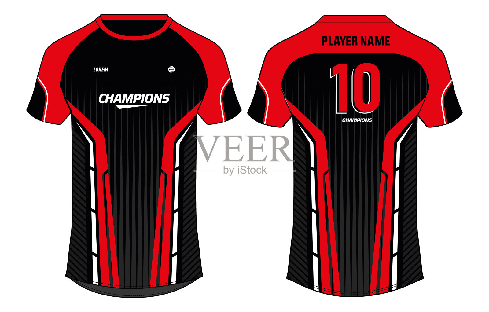 运动t恤运动衫设计概念向量模板，抽象图案v领足球运动衫概念与前后视图，足球，板球，排球，橄榄球，电子竞技，游戏制服套件插画图片素材