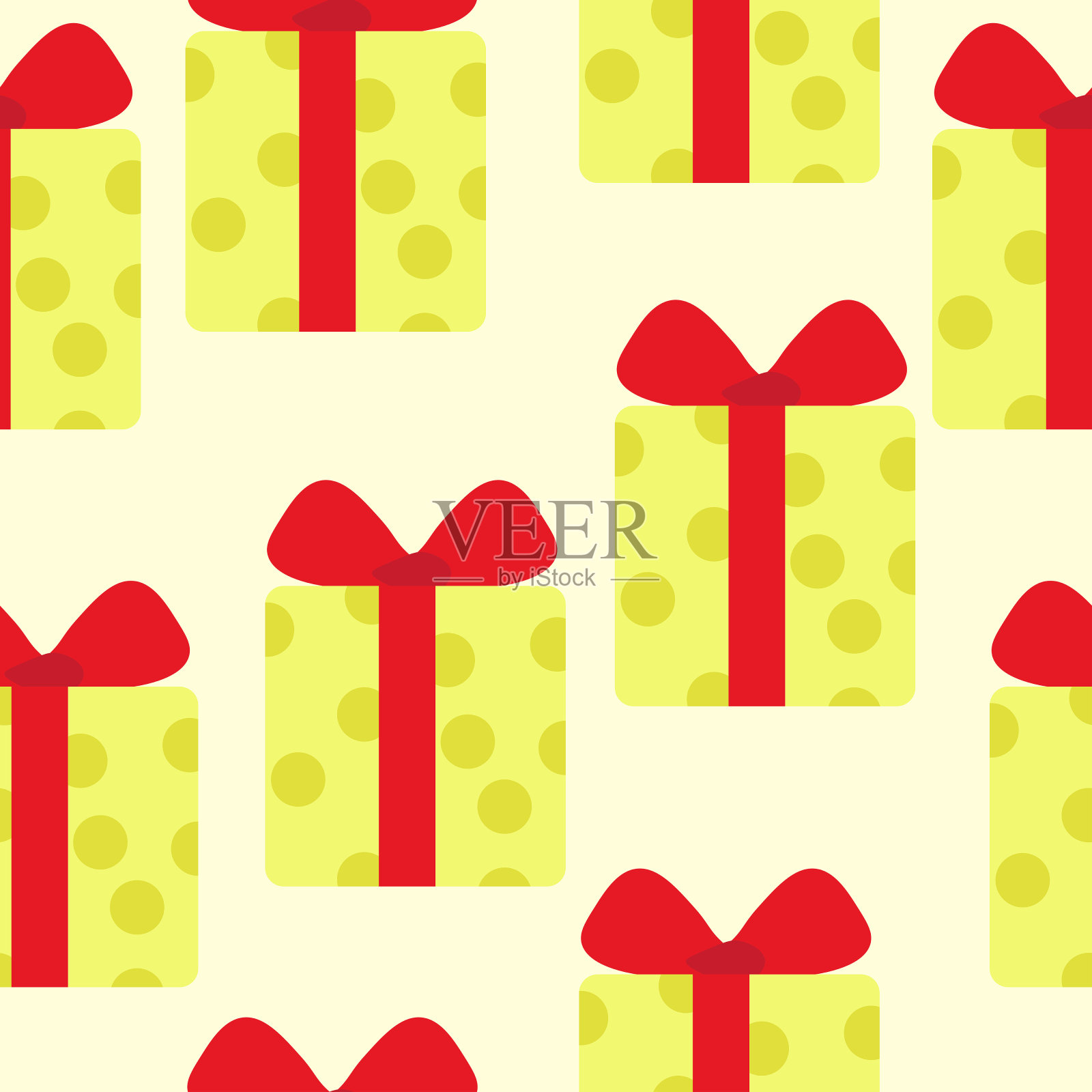 礼品盒无缝图案，黄色礼品与红色蝴蝶结上的白色背景插画图片素材