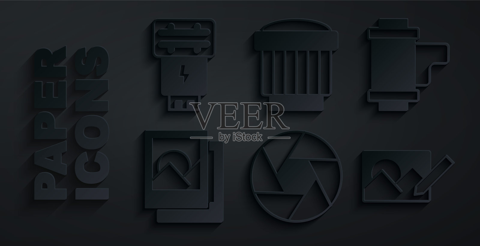 设置相机快门，卷筒，相框，修饰，照片镜头和相机闪光灯图标。向量图标素材