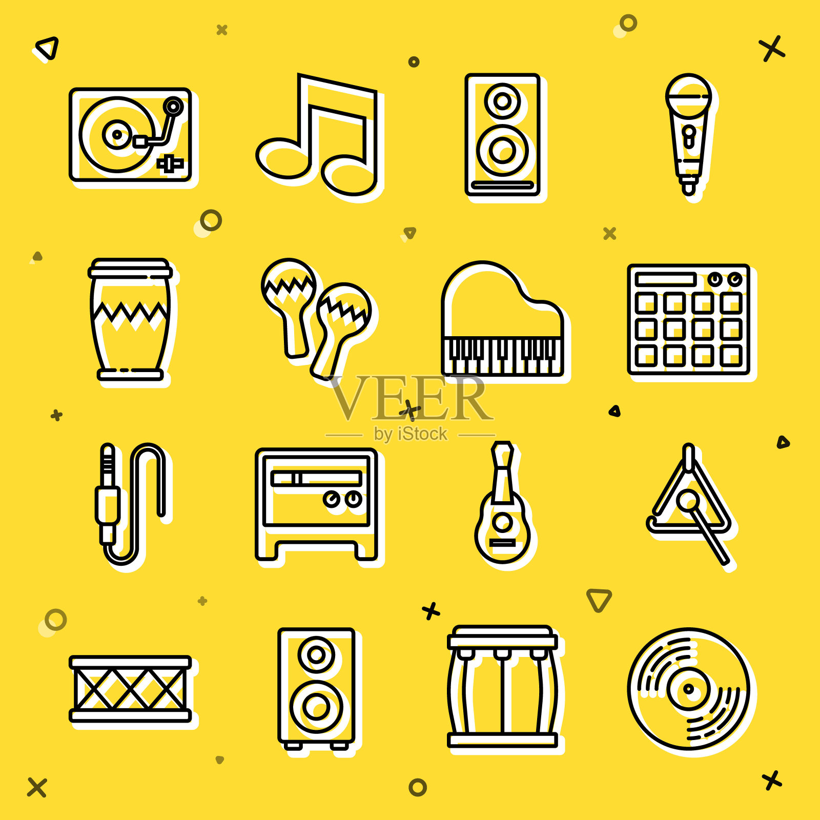 设置线乙烯基磁盘，三角形，鼓机，立体声扬声器，马拉加斯，播放器与乙烯基和大钢琴图标。向量图标素材