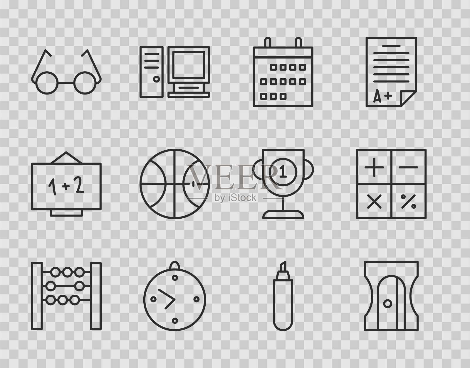 设置线算盘，卷笔刀，日历，时钟，眼镜，篮球，标记和计算器图标。向量图标素材