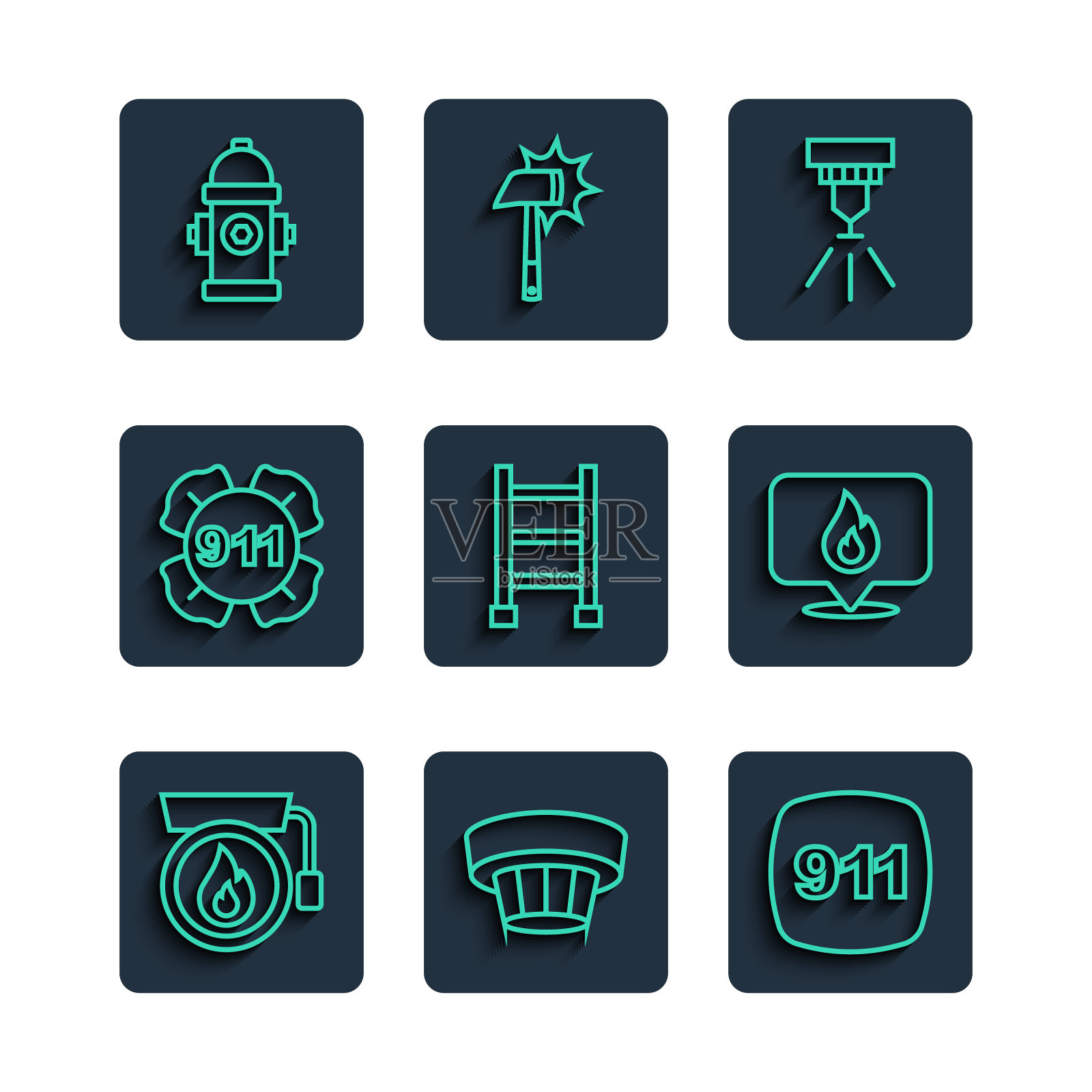 设置线路响铃报警，烟雾系统，紧急呼叫911，消防喷淋，逃生，消火栓和位置与火灾火焰图标。向量图标素材