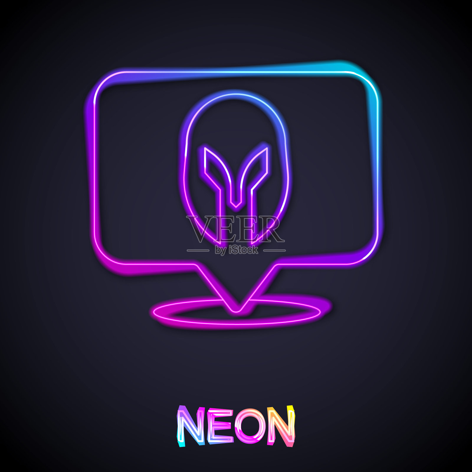 发光的霓虹灯线中世纪铁头盔头部保护图标孤立的黑色背景。骑士的头盔。向量插画图片素材