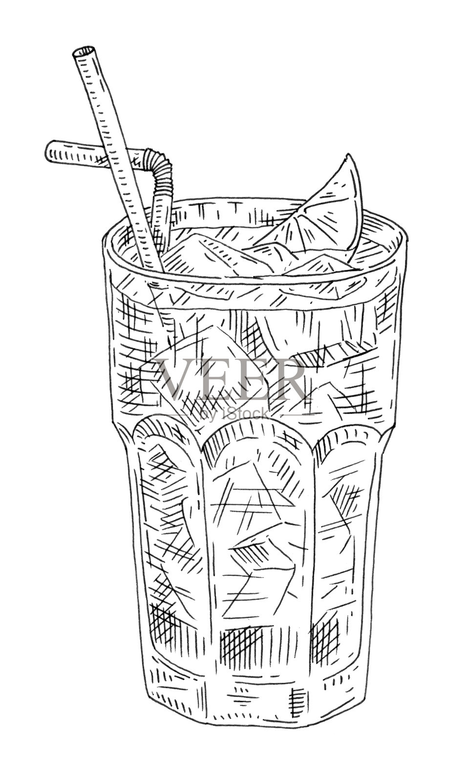 古巴自由鸡尾酒。古董孵化插图。孤立在白色插画图片素材