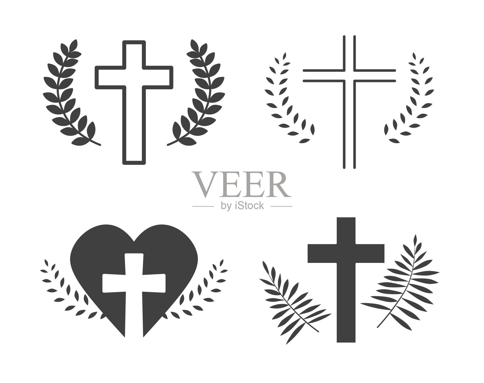 一套讣告装饰物，十字架，心形和树叶插画图片素材