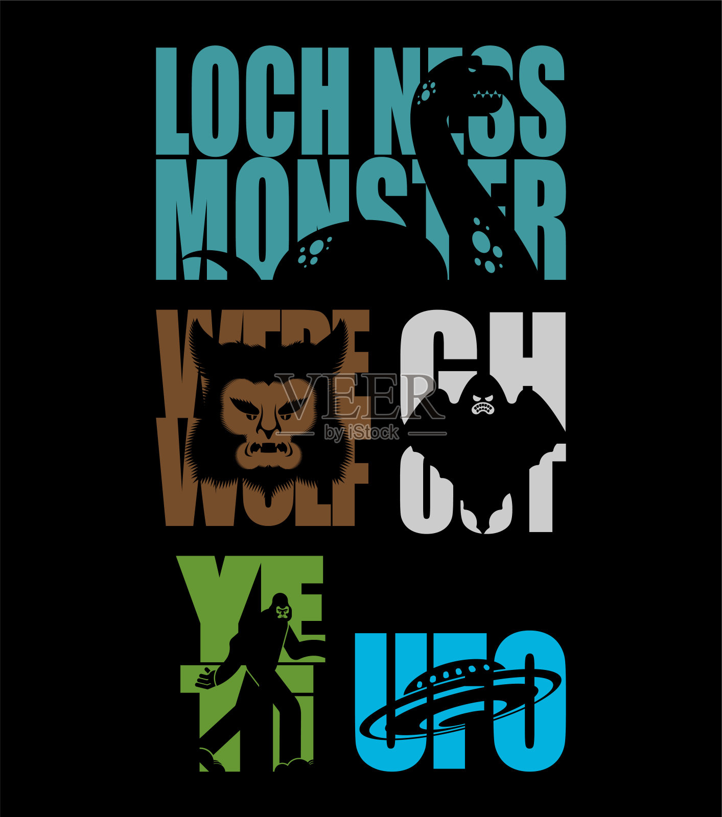 超自然的刻字。狼人和僵尸排版。UFO和雪人的字母。尼斯湖水怪和鬼魂剪影的文本插画图片素材