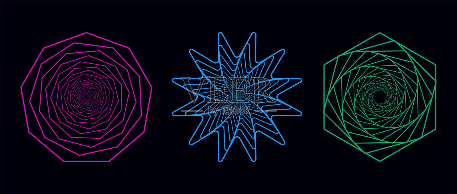 一组扭曲的螺旋。神圣几何学。具有圆形和六角形线条的隧道。矢量几何分形元素。插画图片素材