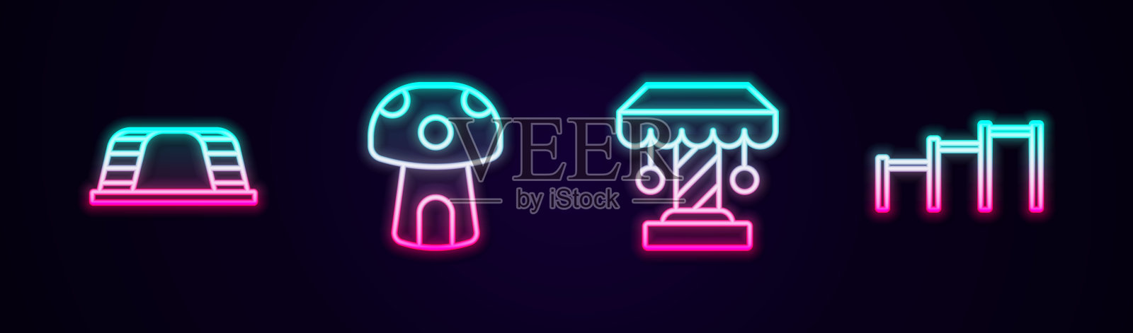 设置线猴酒吧，蘑菇屋，吸引旋转木马和运动水平。发光的霓虹灯图标。向量插画图片素材