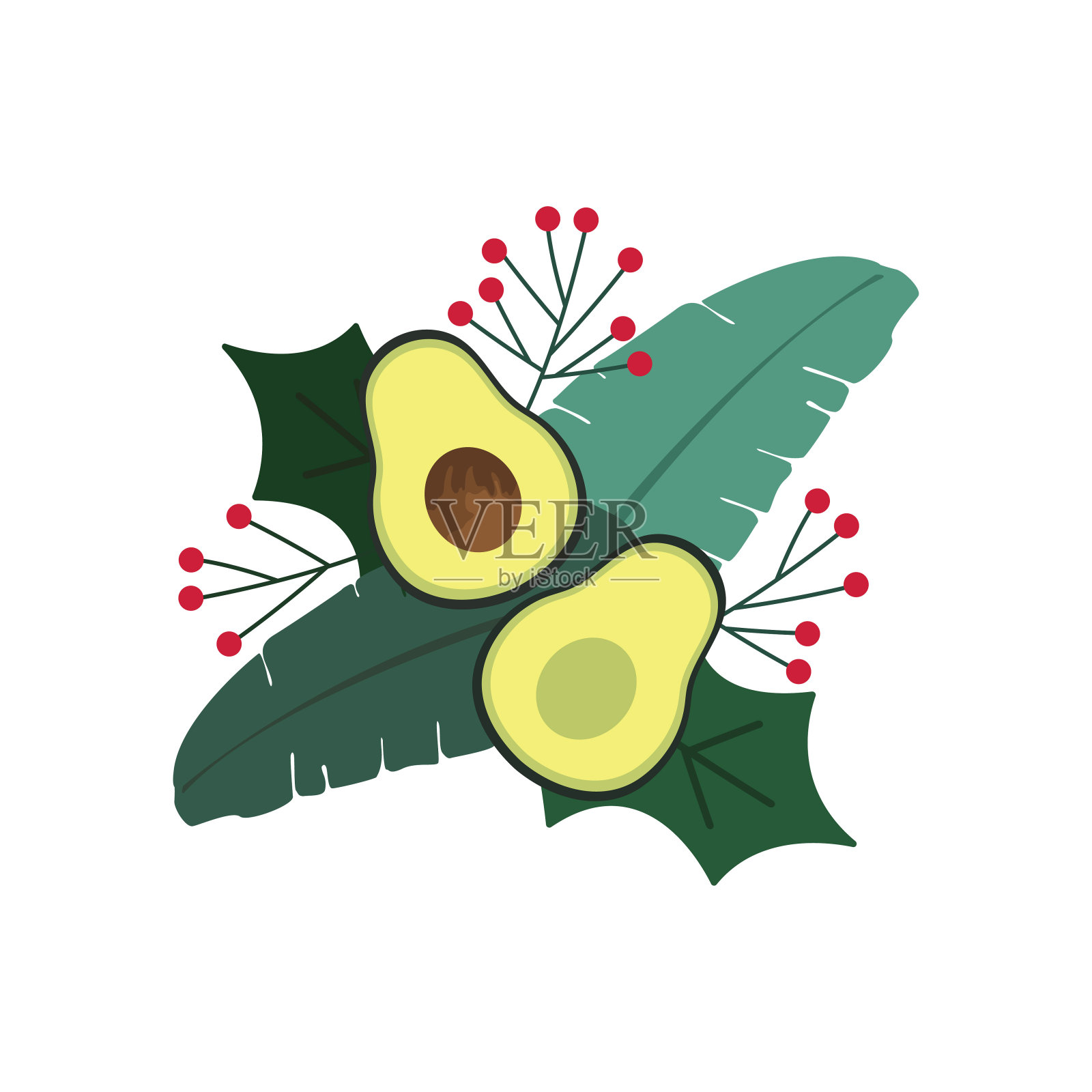两半的牛油果孤立在白色背景上。有机食品。圣诞节的设计。插画图片素材