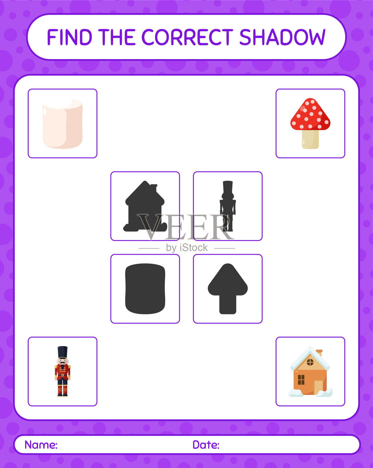 找到正确的阴影游戏与圣诞图标。学龄前儿童习题表，儿童活动表图标素材