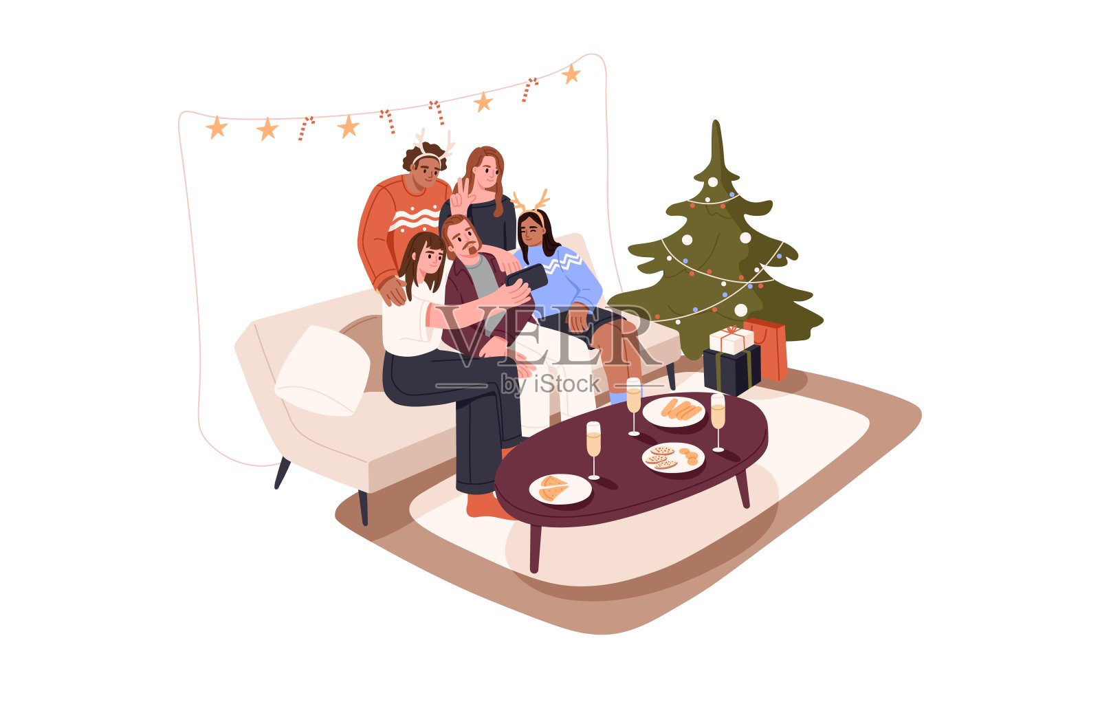 在家里庆祝新年的聚会上，朋友们用手机共同自拍。男人和女人在圣诞节坐在沙发上。平面图形矢量插图孤立的白色背景插画图片素材