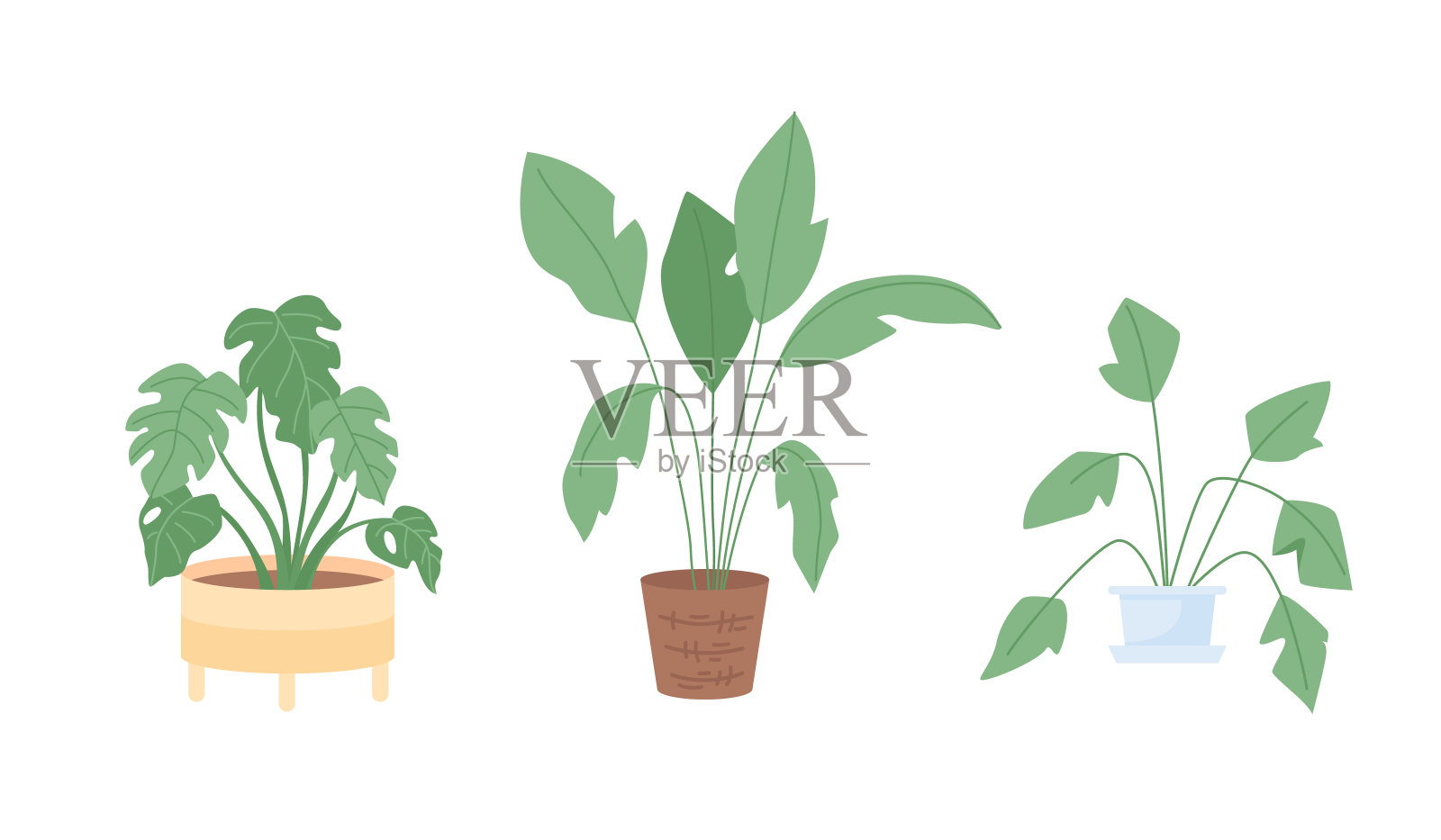 室内装饰的室内植物半平面颜色向量项目集插画图片素材