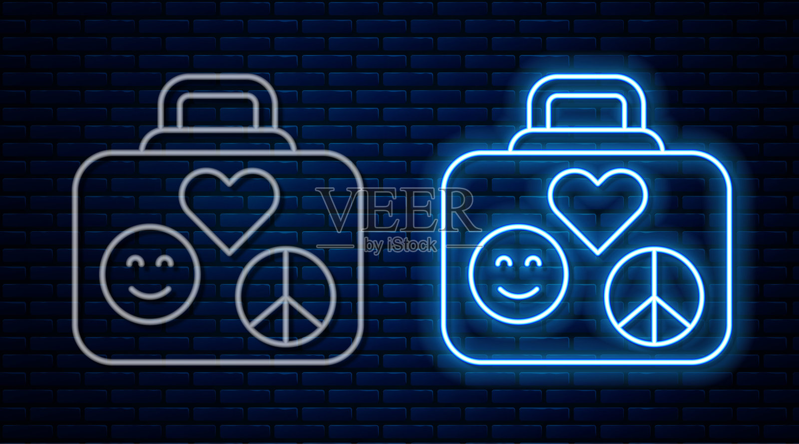 发光的霓虹灯线旅行箱旅行图标孤立在砖墙背景。旅行的行李的迹象。复古嬉皮风格。旅行的行李图标。向量图标素材