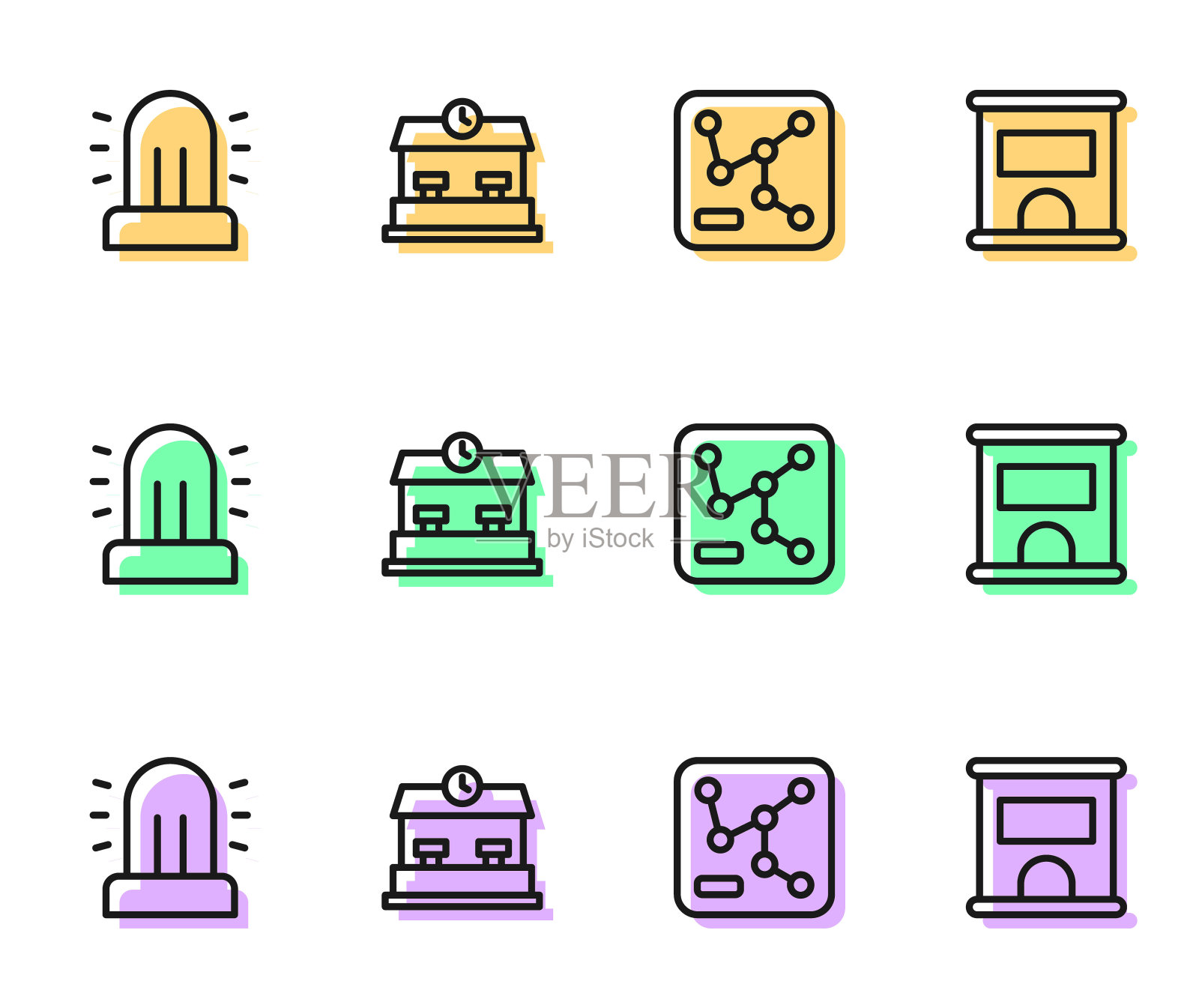 设置线路铁路地图，闪光警报器，车站和售票处购买车票的图标。向量图标素材