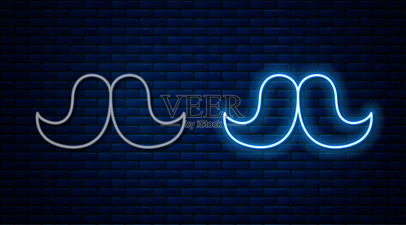 发光的霓虹灯线胡子图标孤立在砖墙背景。理发店的标志。面部发型。向量插画图片素材