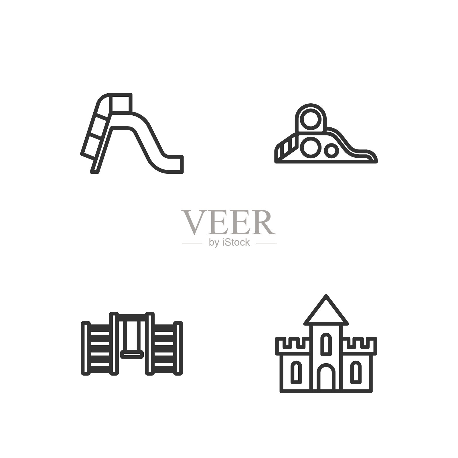 设置线沙城堡，瑞典墙，滑梯游乐场和图标。向量图标素材