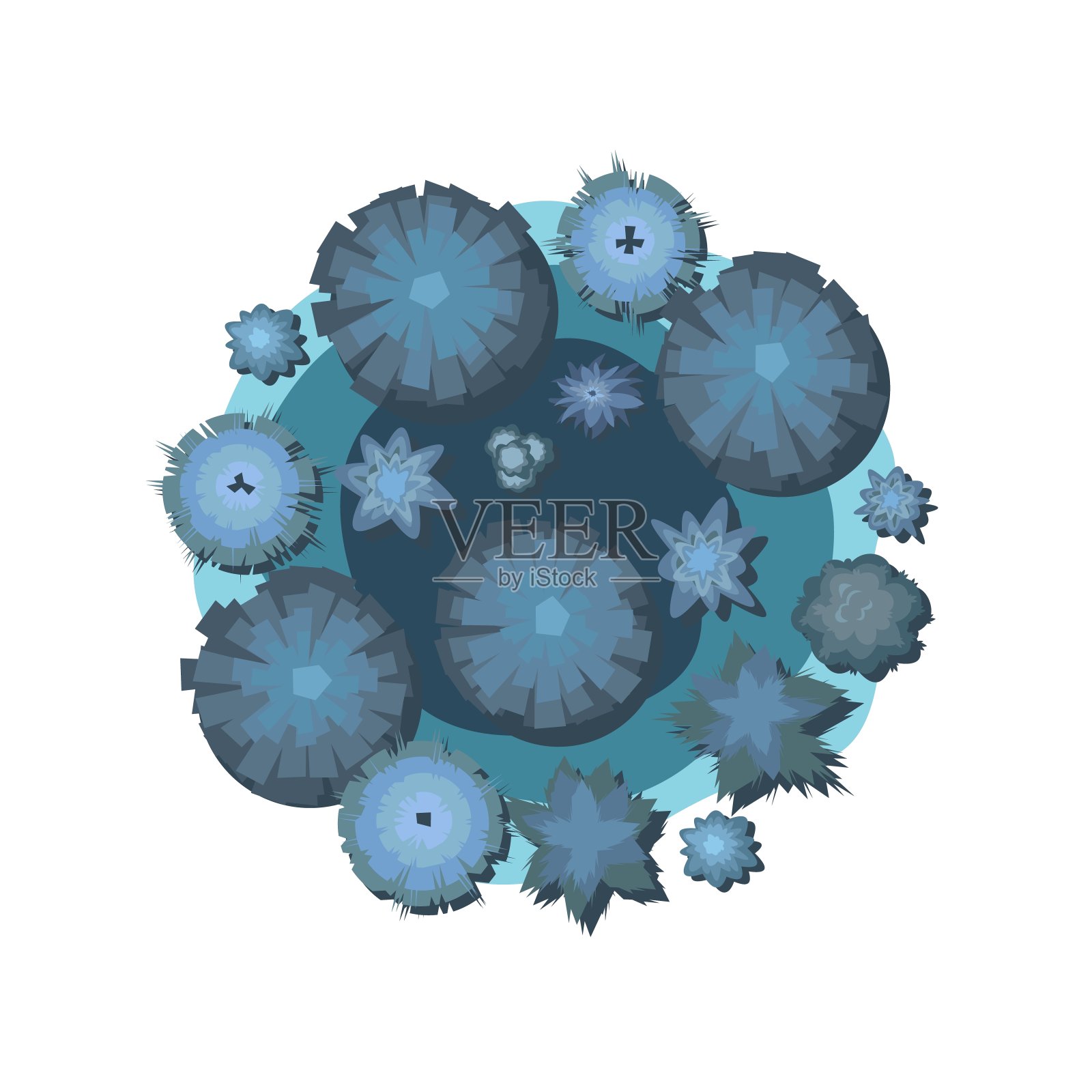 夜间植物景观顶视图。野生森林的树木和灌木。孤立在白色背景。黑暗的《暮光之城》的花园。平面设计中的插图。向量插画图片素材