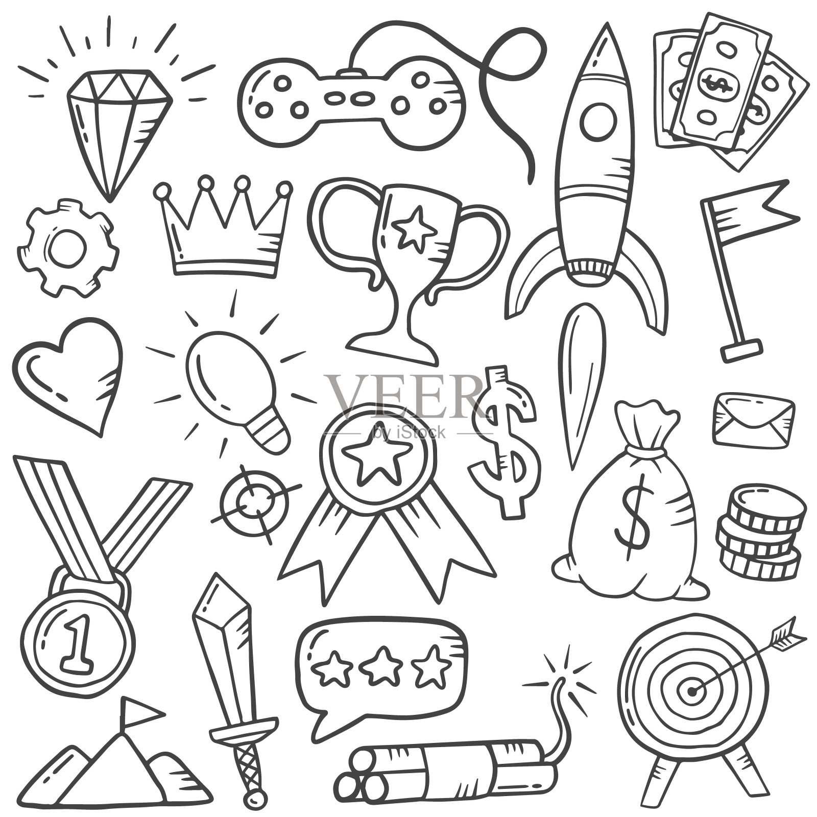 游戏化生活涂鸦手绘集，带有黑白风格的轮廓插画图片素材