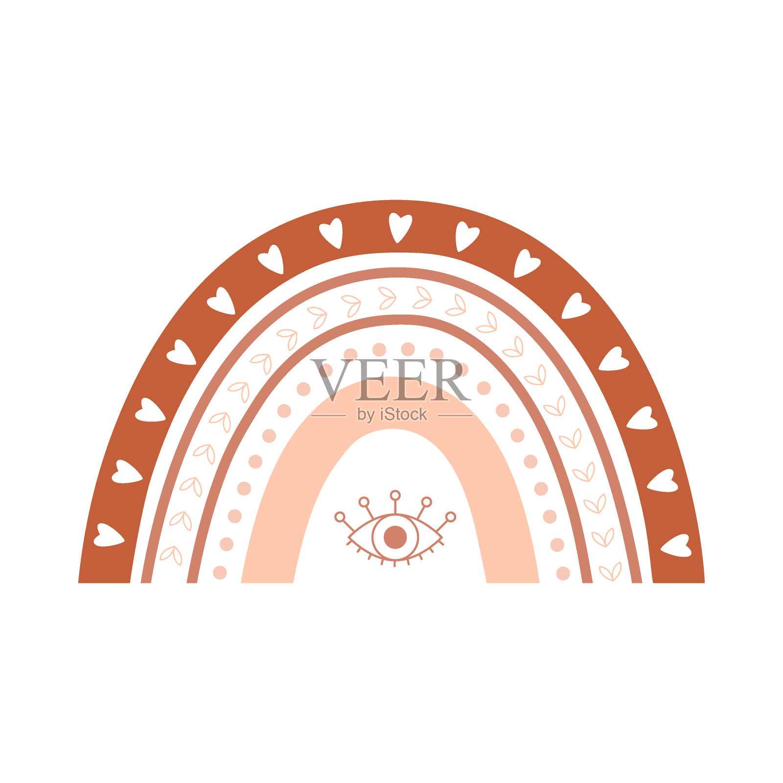 可爱的波西米亚彩虹与心，树枝和波西米亚元素。装饰元素中性，柔和的颜色为托儿所设计，婴儿淋浴卡和邀请。矢量插图孤立的白色插画图片素材