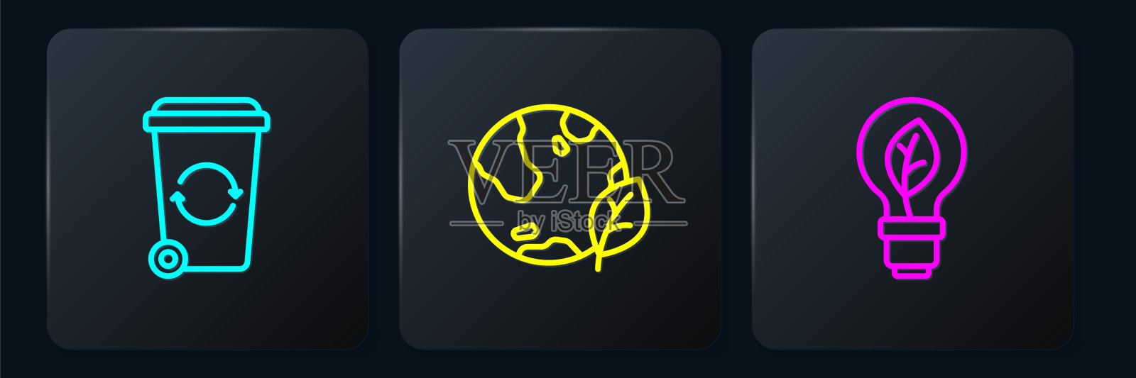 设置线回收站，灯泡与叶子和地球仪。黑色方形按钮。向量插画图片素材