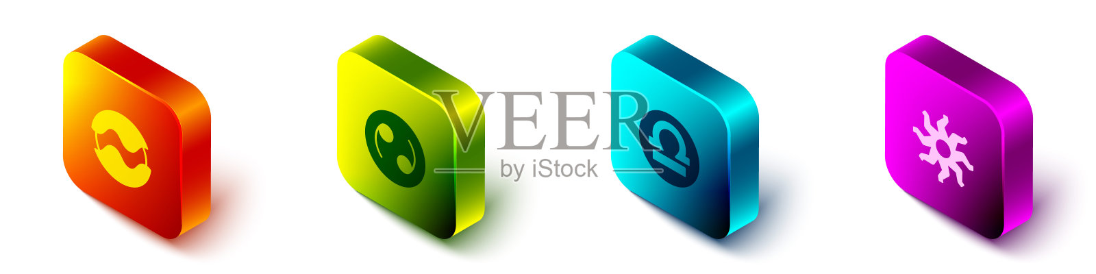 设置等距行星，巨蟹座，天秤座和太阳的图标。向量图标素材