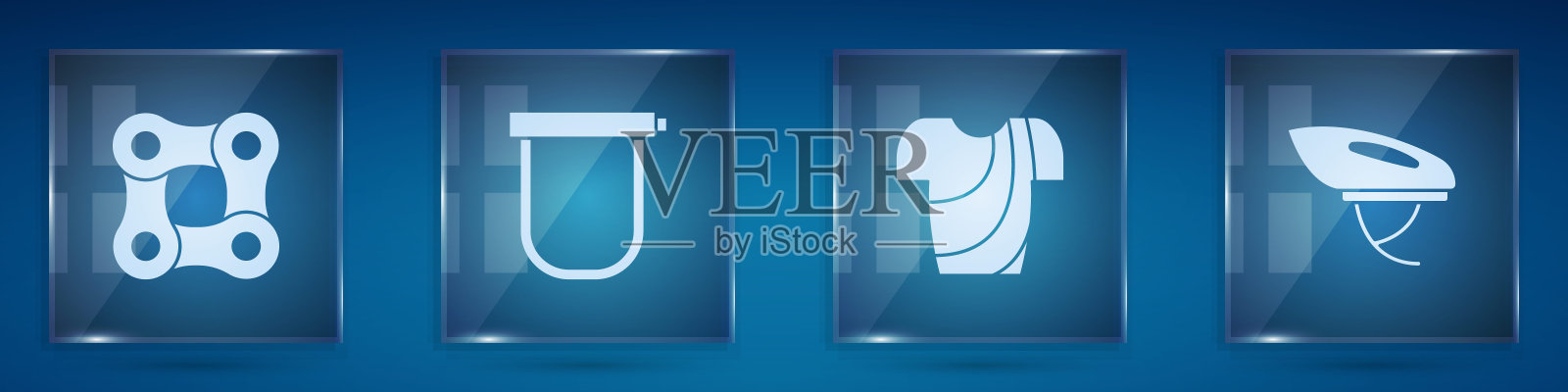 设置自行车链，锁，自行车t恤和头盔。方形玻璃面板。向量插画图片素材