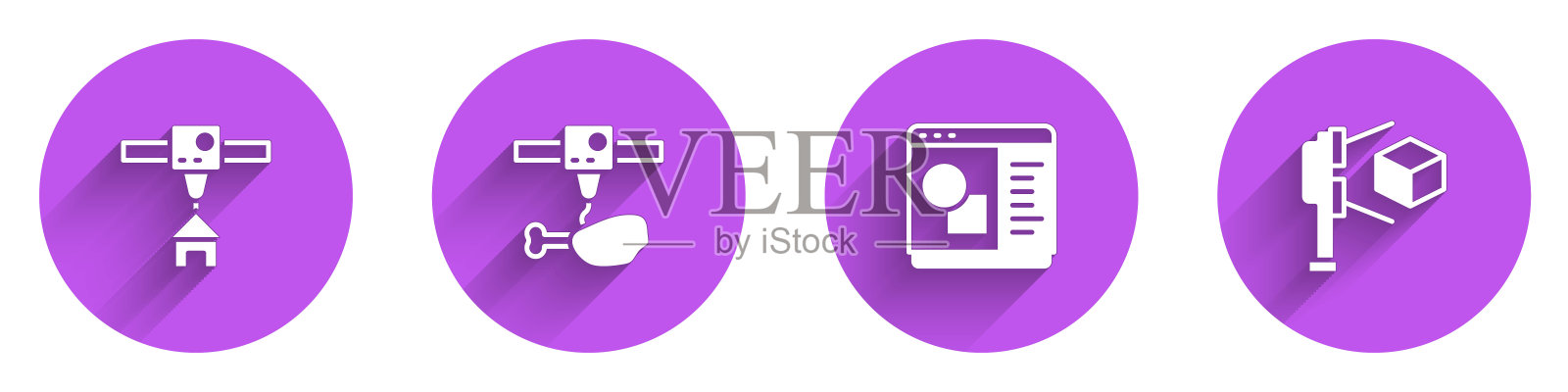 设置3D打印机房子，鸡腿，软件和扫描仪的立方体图标与长影子。向量图标素材