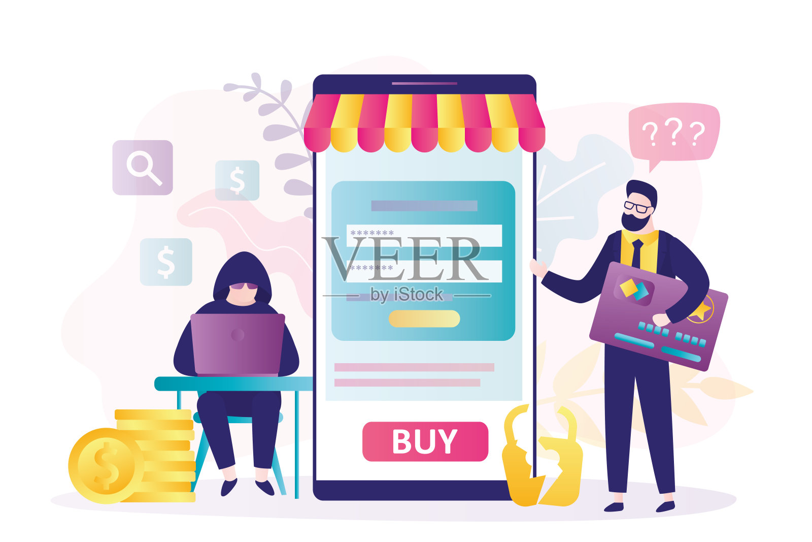 黑客解锁了银行账户。网络罪犯破解密码，登陆。小偷偷商人的钱和个人资料。网络攻击,钓鱼。插画图片素材