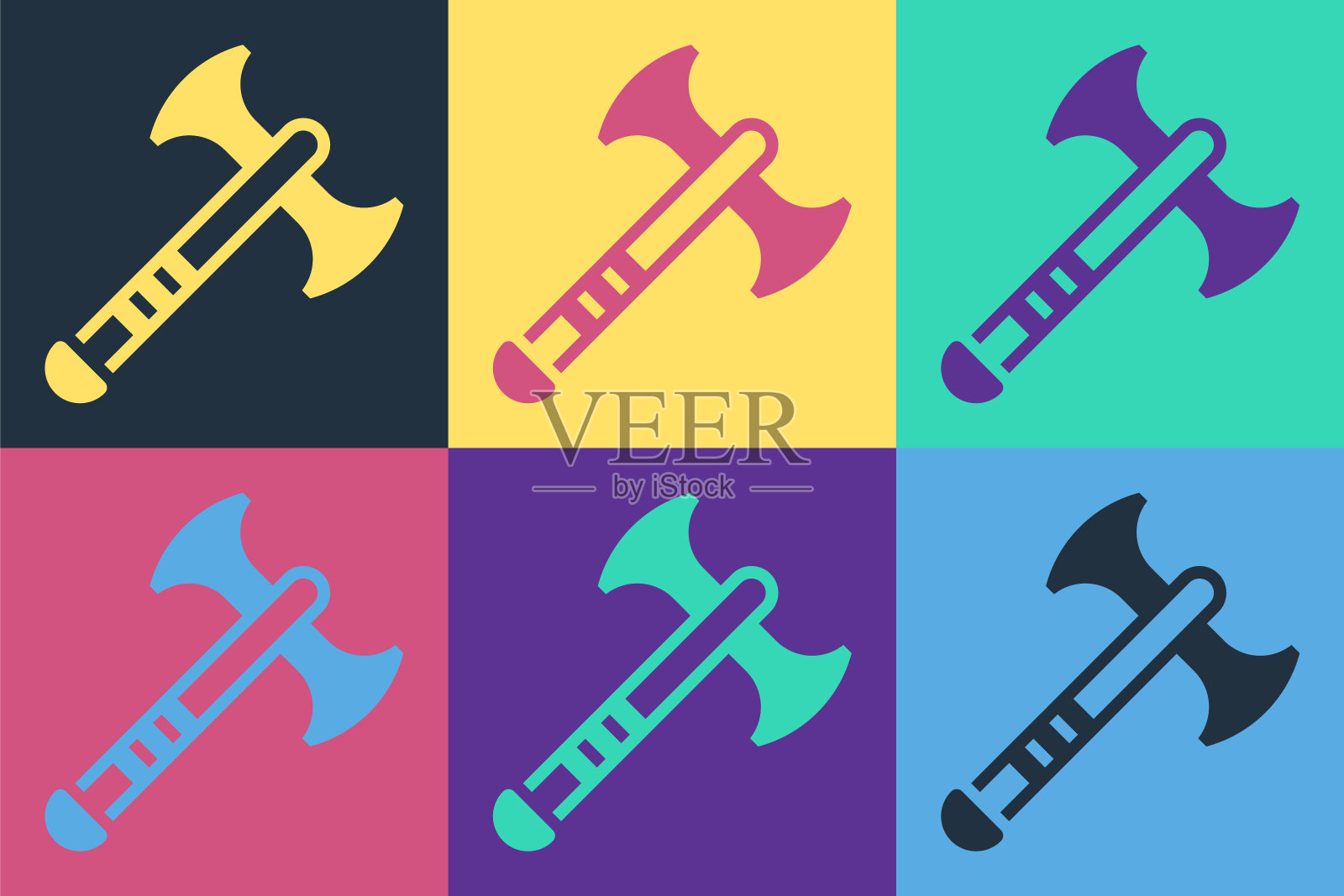 流行艺术战争斧图标孤立的彩色背景。战斧，刽子手的斧子。中世纪的武器。向量图标素材