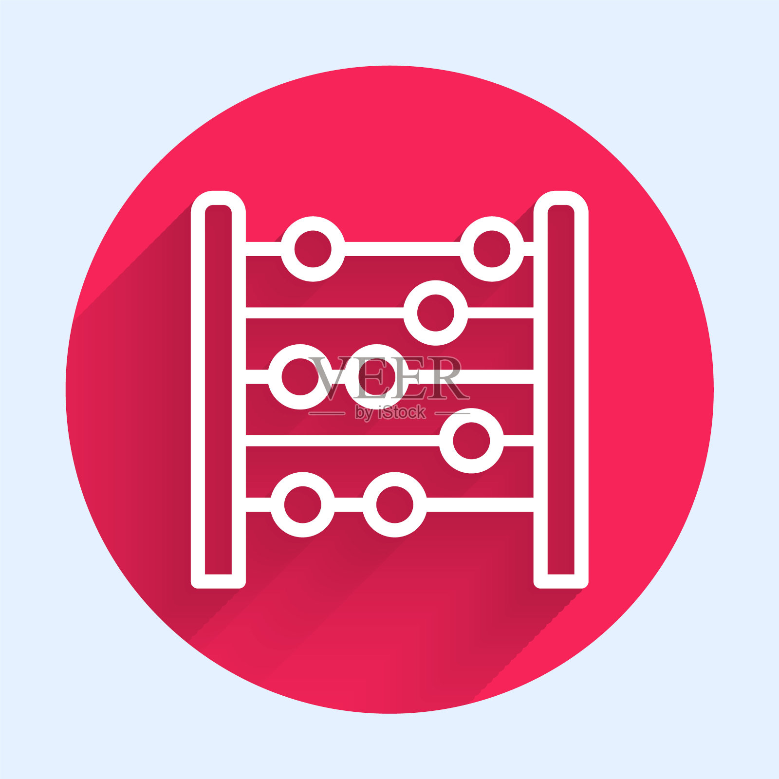 白线算盘图标孤立与长阴影背景。传统的计算框架。教育的迹象。数学的学校。红色圆圈按钮。向量插画图片素材