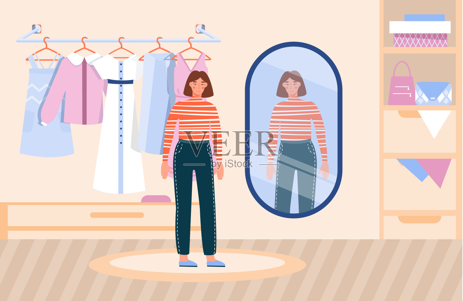 镜子前的时尚女性插画图片素材