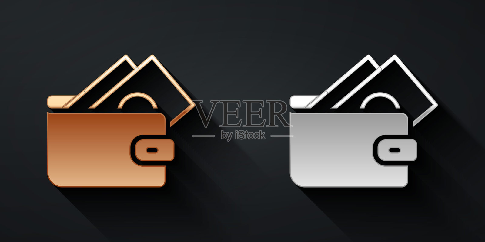 金和银钱包与堆叠纸币现金图标孤立的黑色背景。钱包图标。现金储蓄的象征。长长的阴影风格。向量图标素材