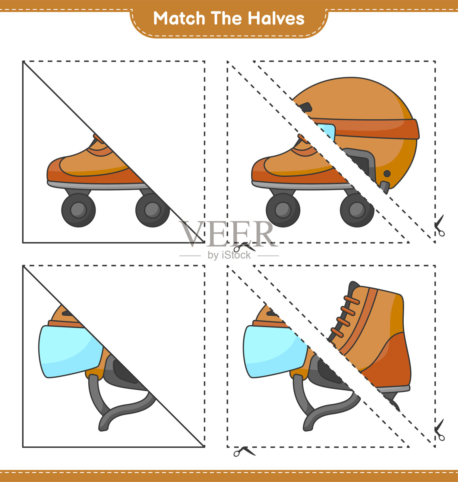 匹配的部分。比赛一半的轮滑和曲棍球头盔。教育儿童游戏，可打印的工作表，矢量插图插画图片素材