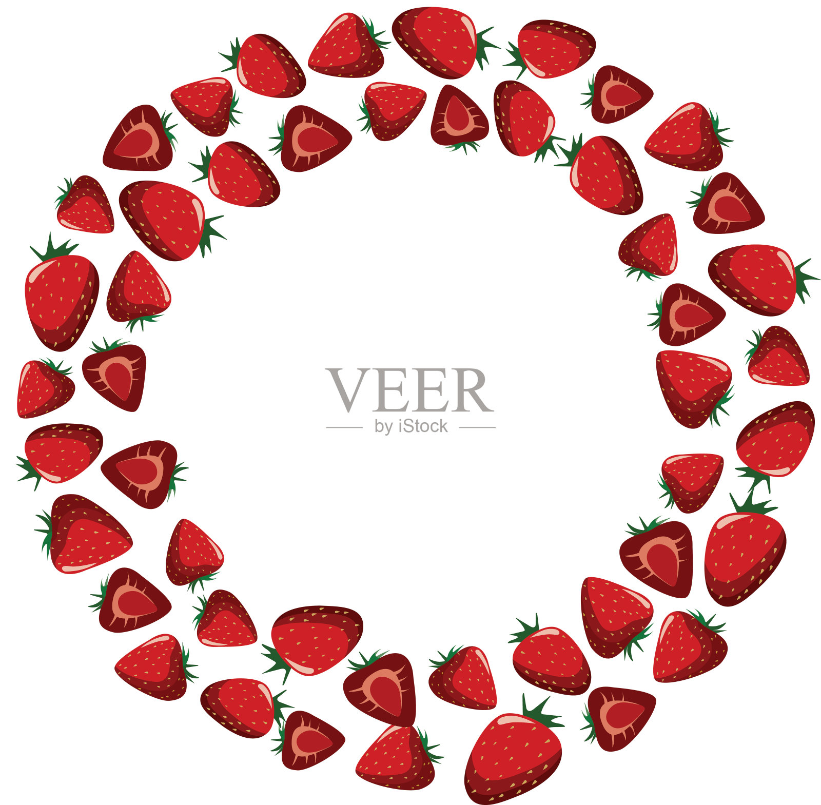 新鲜多汁的红色美味的夏天草莓边框戒指装饰插图。适用于演讲、海报或名片。为文本提供空闲的空白复制空间插画图片素材