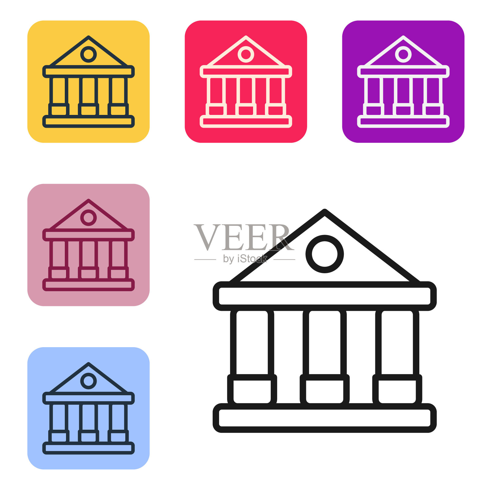 黑线法院大楼图标孤立在白色背景。建造银行或博物馆。设置图标的颜色方形按钮。向量图标素材