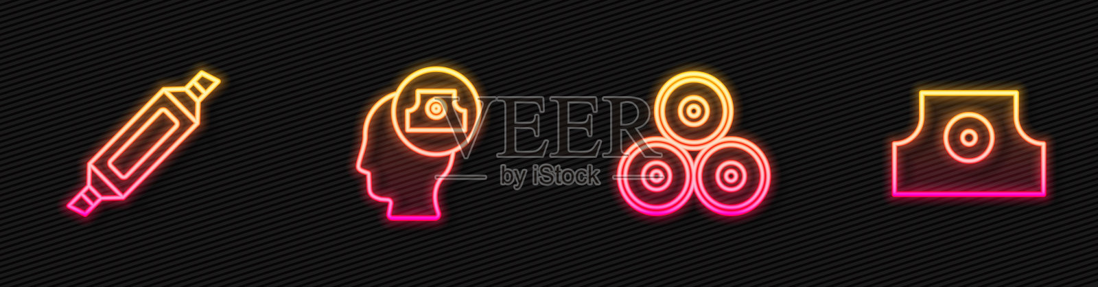 喷漆罐、记号笔、喷嘴盖和。发光的霓虹灯图标。向量图标素材