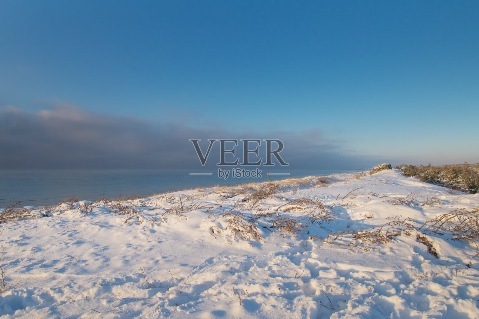 雪吐沙丘在一月冬季阳光灿烂的一天。蔚蓝的天空和大海，沙滩上没有人，宁静而美丽的风景。靠近立陶宛的克莱佩达市照片摄影图片