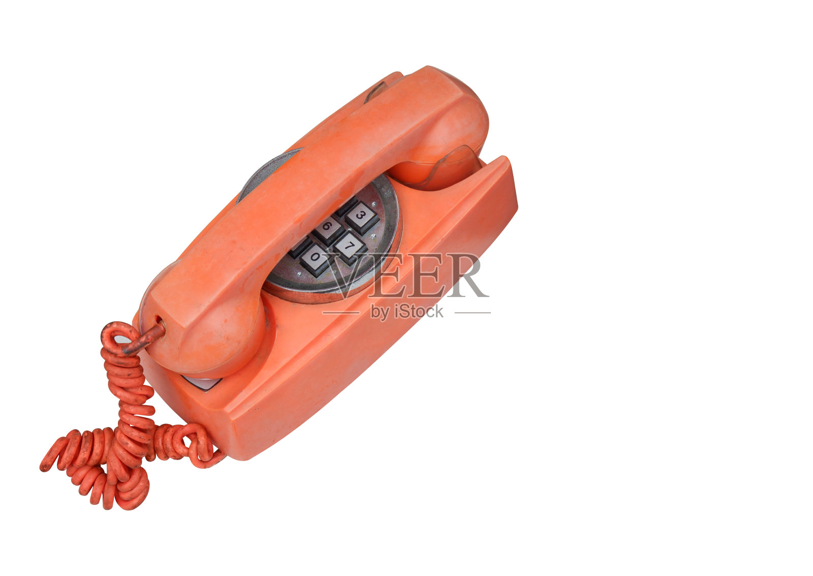 顶部视图橙色和银色电话在白色背景，对象，复古，复古，时尚，装饰，复制空间照片摄影图片