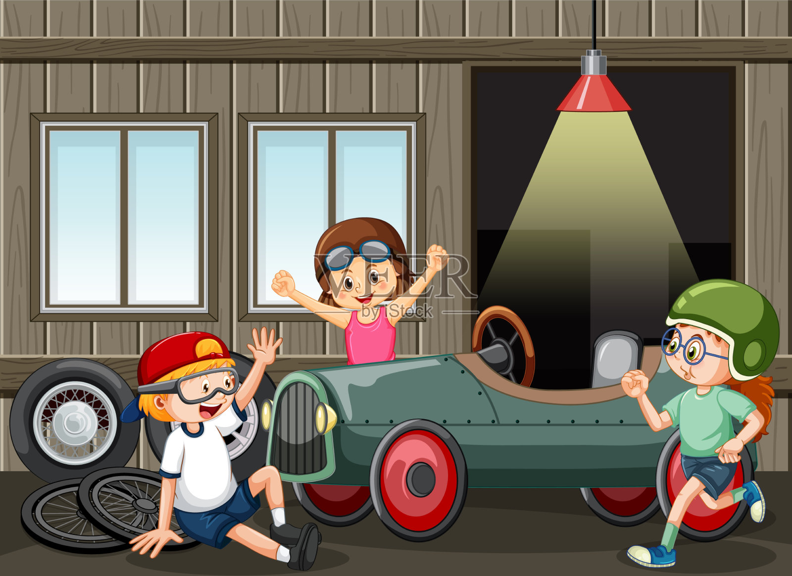 车库场景，孩子们一起修理汽车插画图片素材