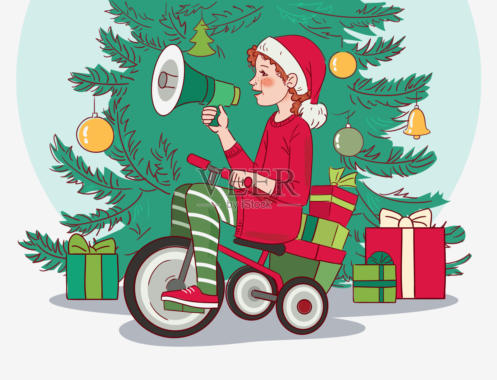 可爱的孩子骑自行车。搞笑女孩对着扩音器大喊大叫。圣诞插画矢量概念插画图片素材