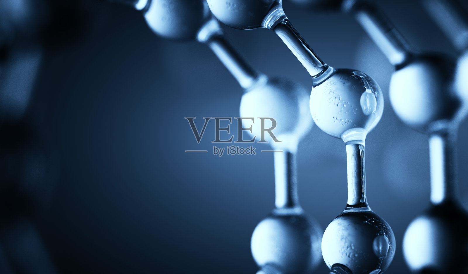 蓝色背景模板上带有气泡的透明分子照片摄影图片