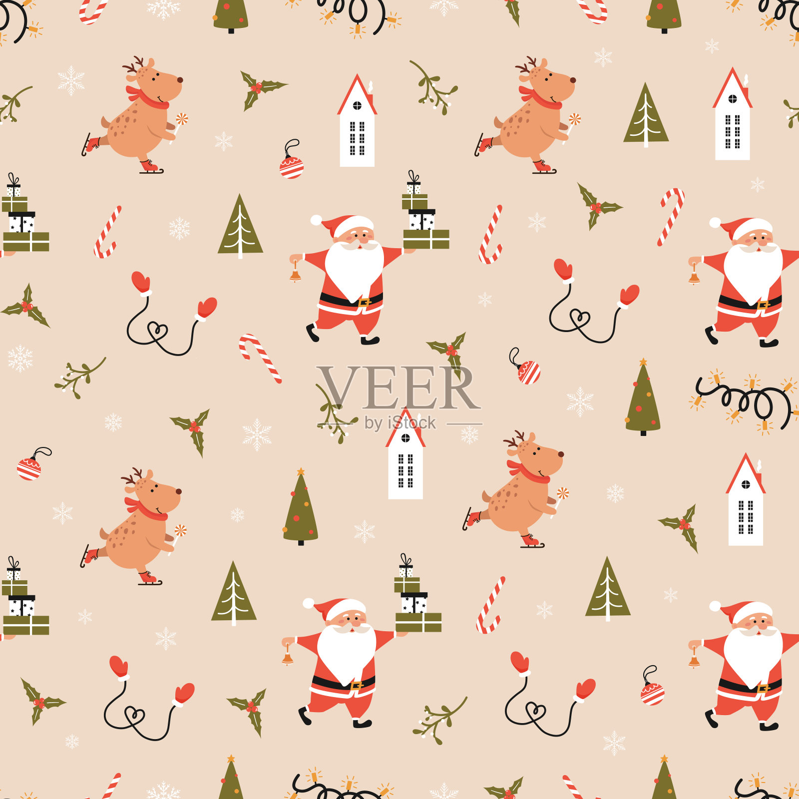 圣诞节无缝图案的装饰元素包括圣诞老人、礼物、花环、雪花、驯鹿、装饰品、树、糖果、槲寄生、房屋等新年符号。插画图片素材